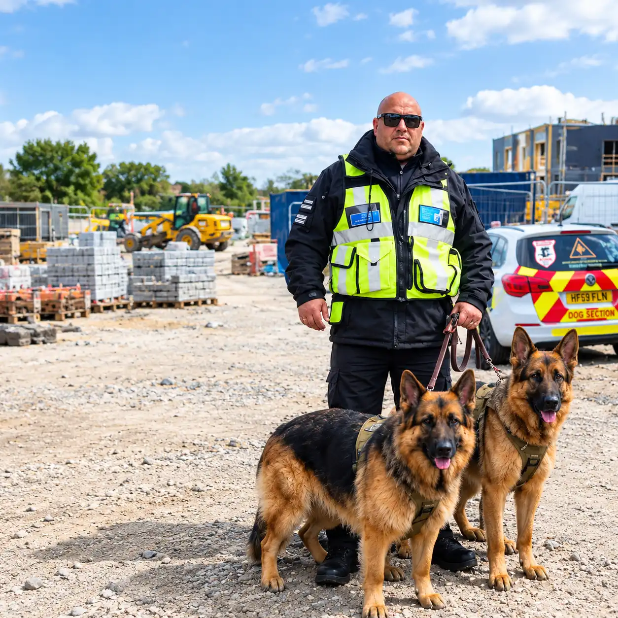 Security Handler and German Shepherds at Construction Site
